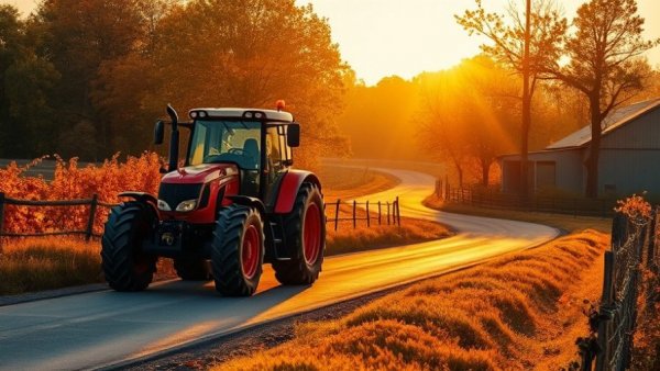 Climate-smart agriculture initiatives shown with a tractor on a rural road at sunset.