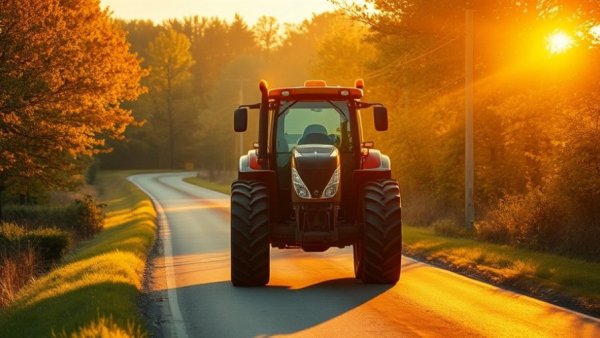 Tractor navigating a sunlit rural road during sunset.