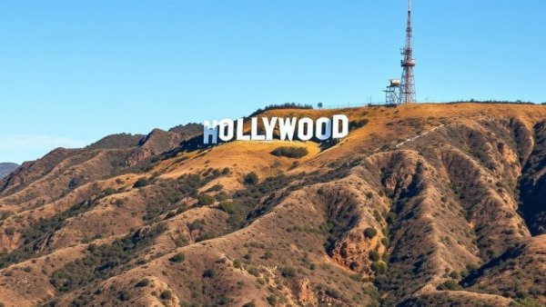 Iconic Hollywood sign on a sunny day with rugged hills in the background.