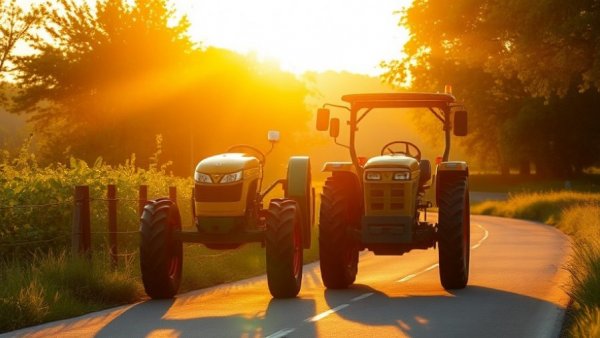 Tractor operating on a rural road during golden hour, P.E.I.