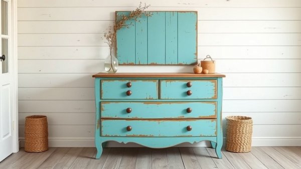Vintage turquoise dresser in rustic farm home setting.