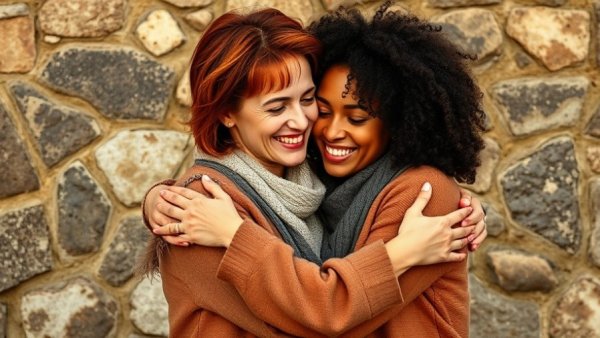Warm embrace between two women, healthy living, earthy wall backdrop.