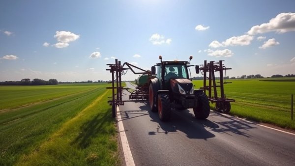 Operating farm equipment in Michigan, tractor on rural road.