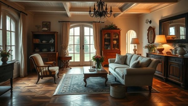 Charming farm home with elegant vintage decor and cozy ambiance.
