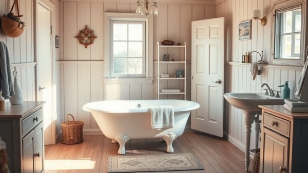 Charming Maine coastal cottage bathroom with clawfoot tub and nautical theme.