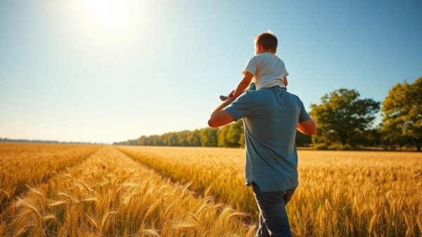 Father and child walk through wheat field, serene farm scene.