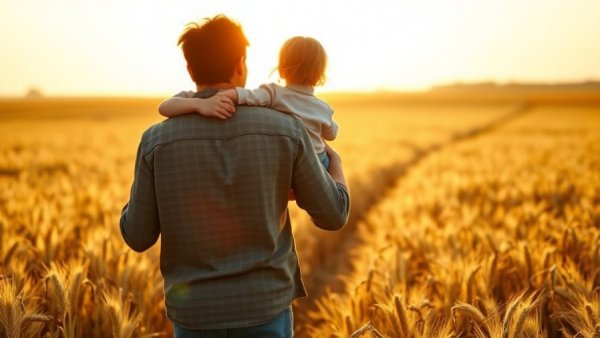 Family walking in wheat field at sunset embracing family farms.