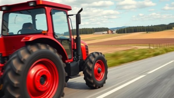 Red tractor operating farm equipment on a rural road in Canada's territories.