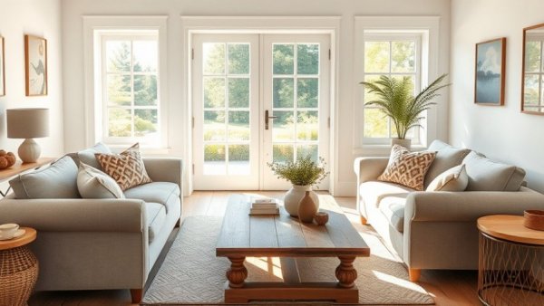 Colorful cottage home design in a sunny living room with cozy armchairs.