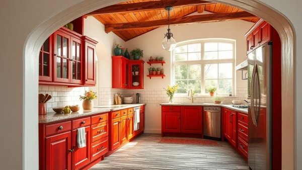 Farmhouse kitchen with red cabinets and rustic charm