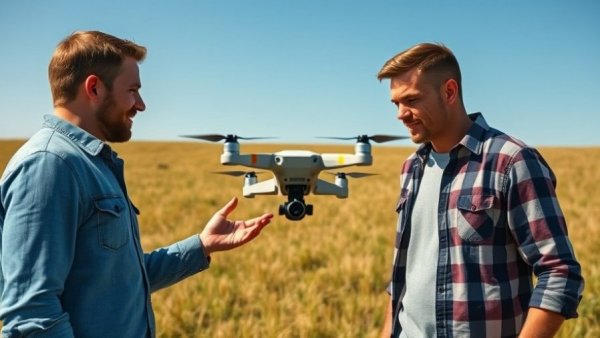 Men discuss how to fly drone legally in wide open field, clear skies.