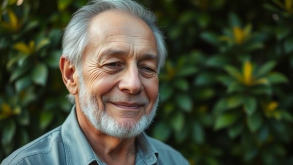 Elderly man smiling softly against lush foliage, Farm Machinery Sales Model