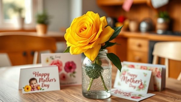 Yellow rose and Mother's Day cards in a rustic kitchen setting.