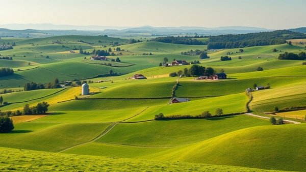 Lush rural landscape with farmhouses and silo under a blue sky.