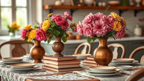 Farmhouse dining table with vintage books and flowers.