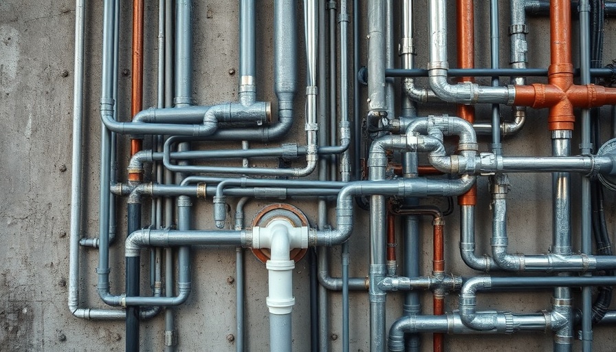 Complex apartment building plumbing system with metal and PVC pipes.