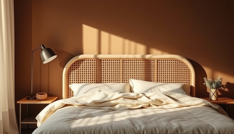 Warm bedroom with brown decor featuring a cane headboard.