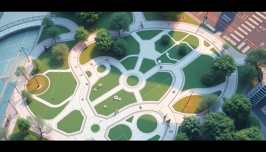 Abstract park design with green sections and arrows for Tina Chee gateway parks Watts.