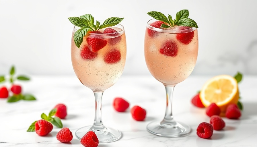 Refreshing sparkling raspberry lemonade with basil on marble.
