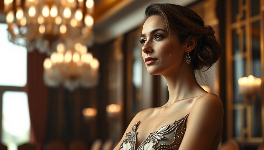 Elegant woman with thoughtful expression in a ballroom.