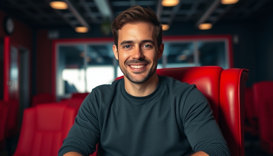 Smiling man on red chair in studio, vibrant setting, soft lighting.
