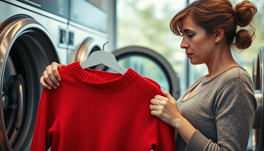 Concerned woman inspecting shrunken sweater in laundromat