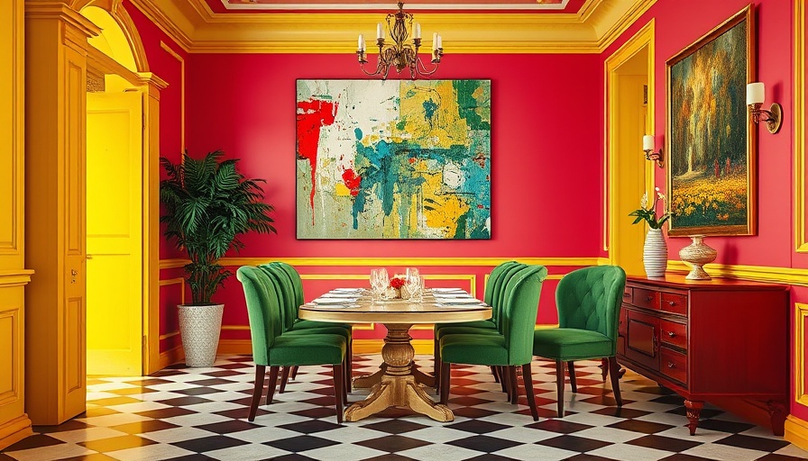 Vibrant painted door trend in luxurious dining room with green chairs.
