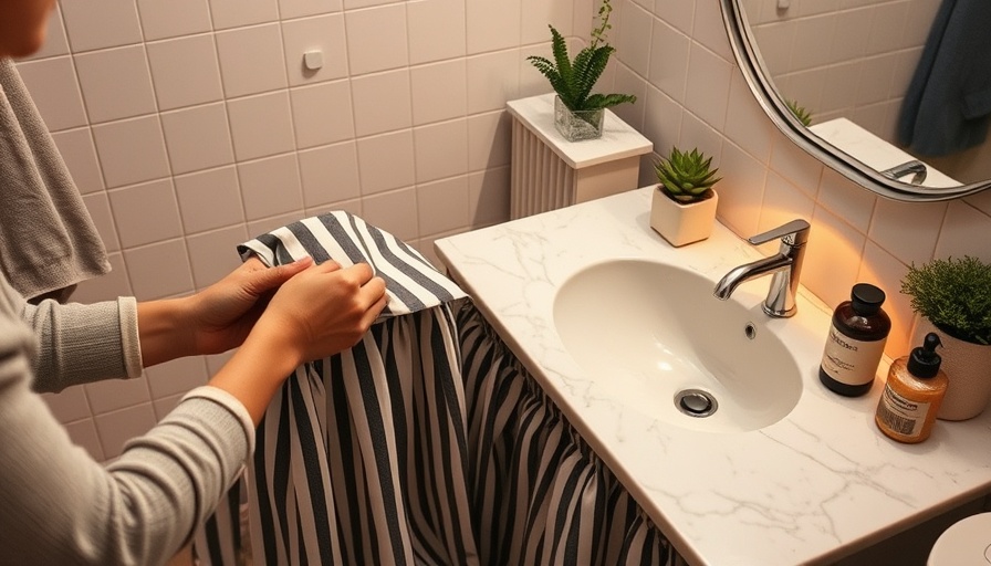 DIY sink skirt hack in cozy bathroom with fabric pleating