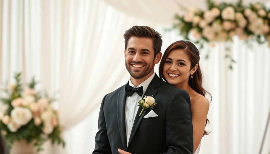 Smiling couple at wedding with floral decor, Daniel Lissing Hallmark movie 2025.