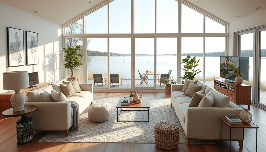 Modern lake home living room with serene view transformation.