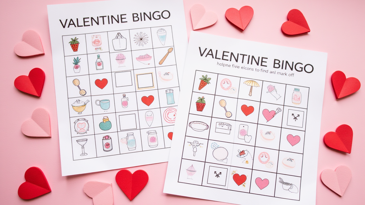 Printable Valentine bingo cards with heart candies for kids.
