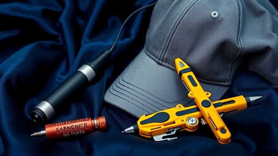 Assorted stocking stuffers for men under $20 on dark fabric.