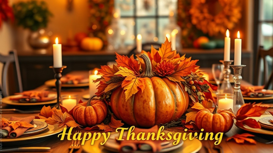 Thanksgiving wishes and messages displayed on a festive table.