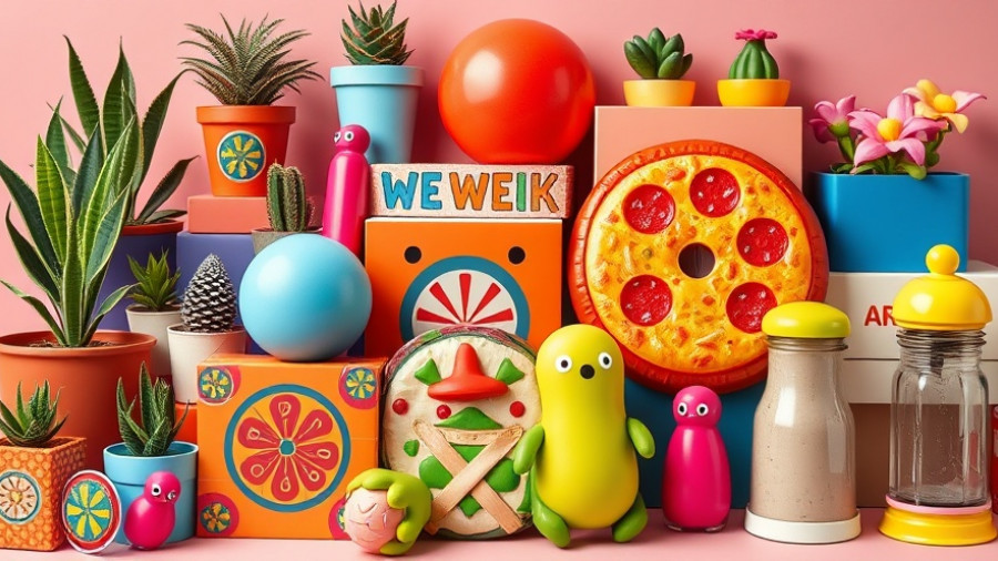 Assortment of quirky white elephant gifts under $50 in a colorful grid.