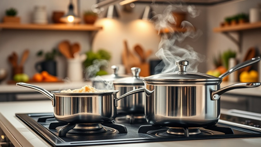 Stainless steel cookware steaming on modern stovetop in spacious kitchen.