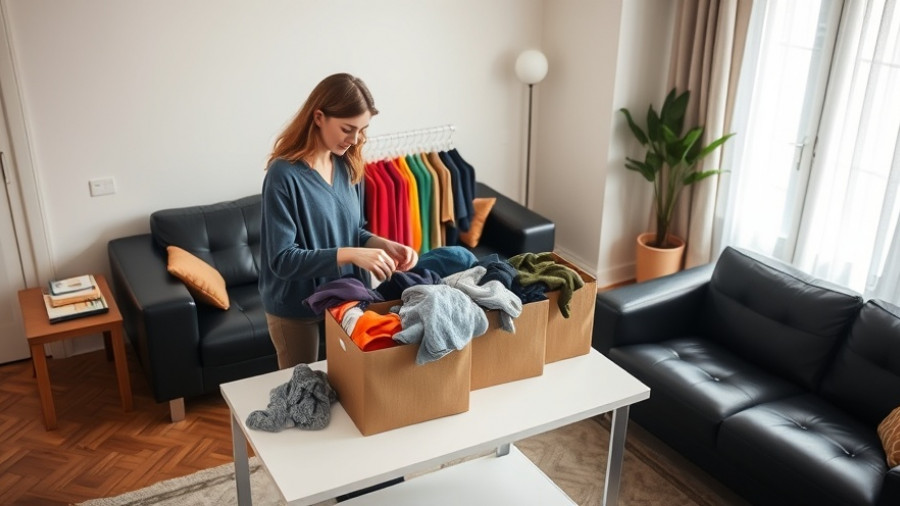 Person organizing donation boxes in modern living room.