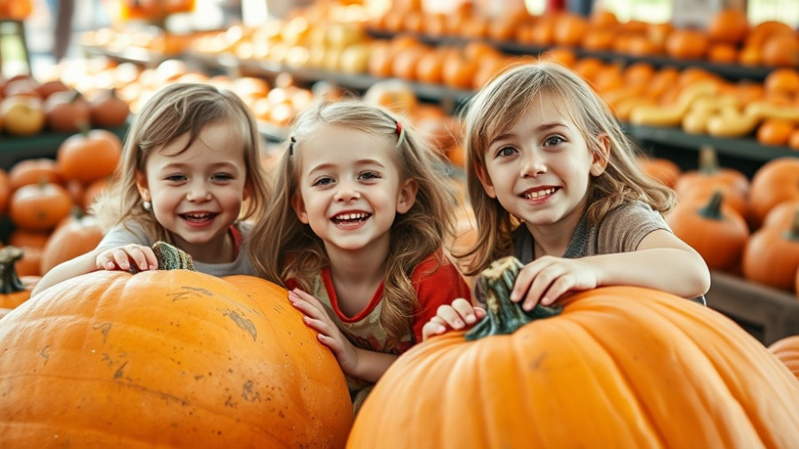 Children enjoying pumpkins at an eco-friendly Halloween market.