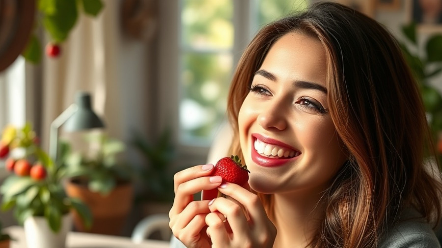 Woman eating strawberry as part of a diet to fight cavities, surrounded by plants.