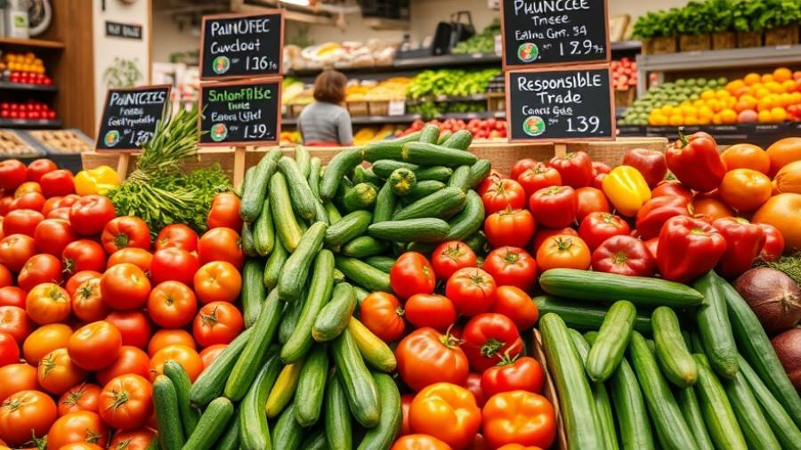 Vibrant produce display in a store highlighting responsible shopping practices.