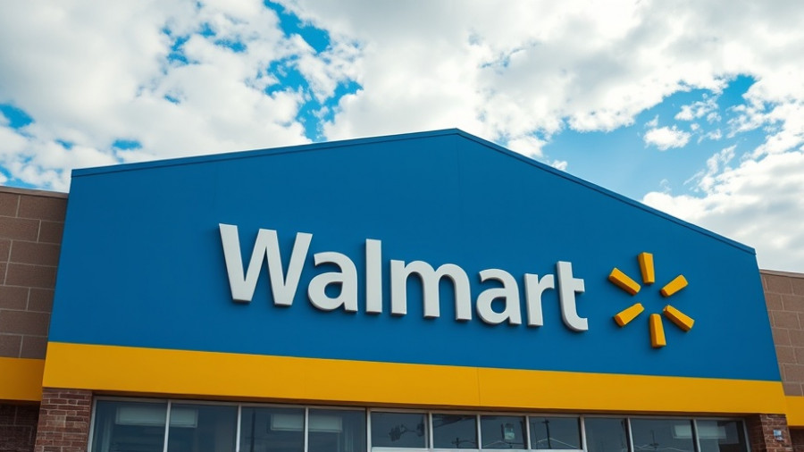 Walmart store logo on building exterior, cloudy sky backdrop.