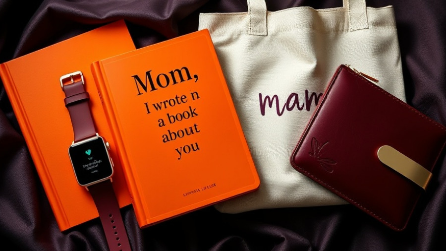 Elegant gift ideas for moms including a smartwatch, book, tote bag, and wallet.
