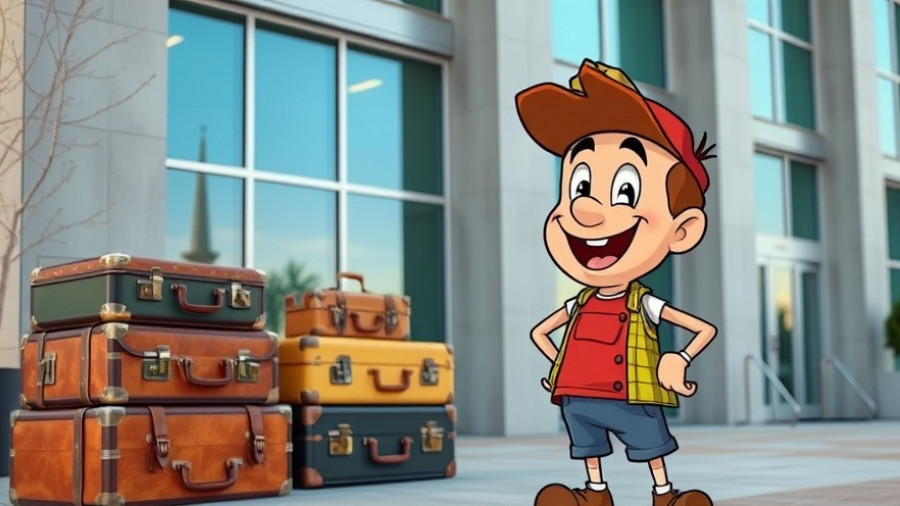 Cartoon character with suitcases, planning a Disney vacation theme.