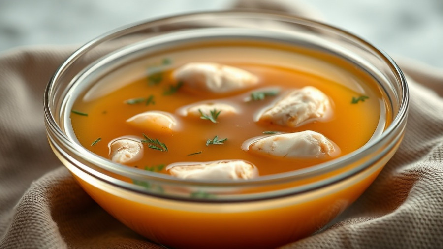 Glass bowl of homemade chicken stock on textured fabric.
