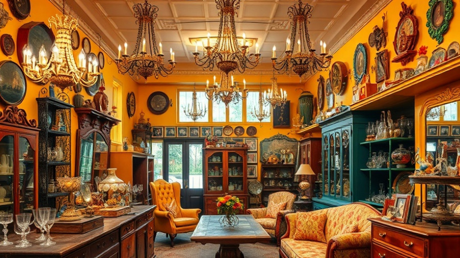 Eclectic vintage shop interior with ornate chandeliers and antique furniture.