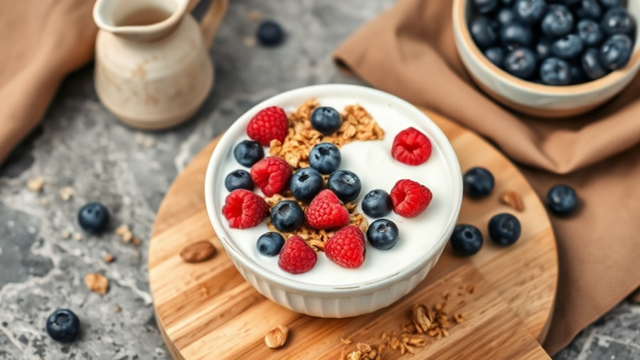 Greek yogurt topped with berries and nuts, highlighting health benefits.