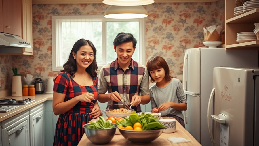 Retro kitchen designs featuring a family preparing a meal.