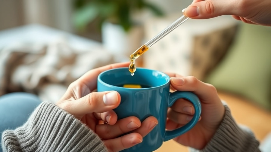 Hands adding liquid vitamins to a mug for absorption.