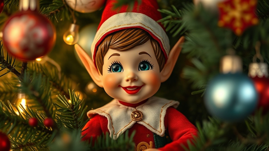 Vintage Elf nestled in Christmas tree, festive atmosphere.