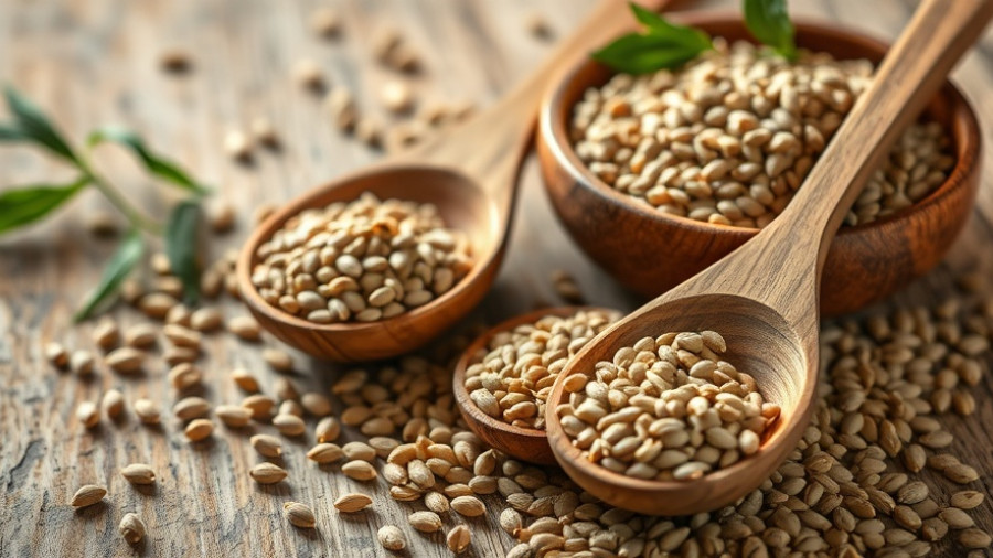 Hemp seeds displayed on wooden spoons and bowl on rustic table.