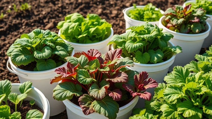 Container vegetables in white buckets on soil, illustrating bucket gardening for April.